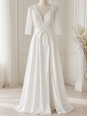 Elegant Lace Bodice Satin Skirt Wedding Gown - Ivory